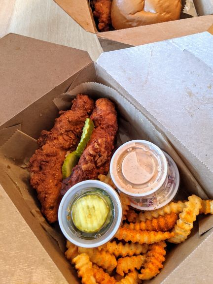 chicken tenders pickles and french fries