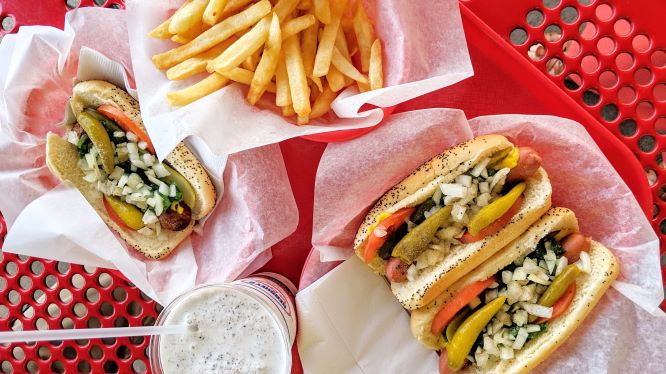 hot dog heaven meal with fries and a shake