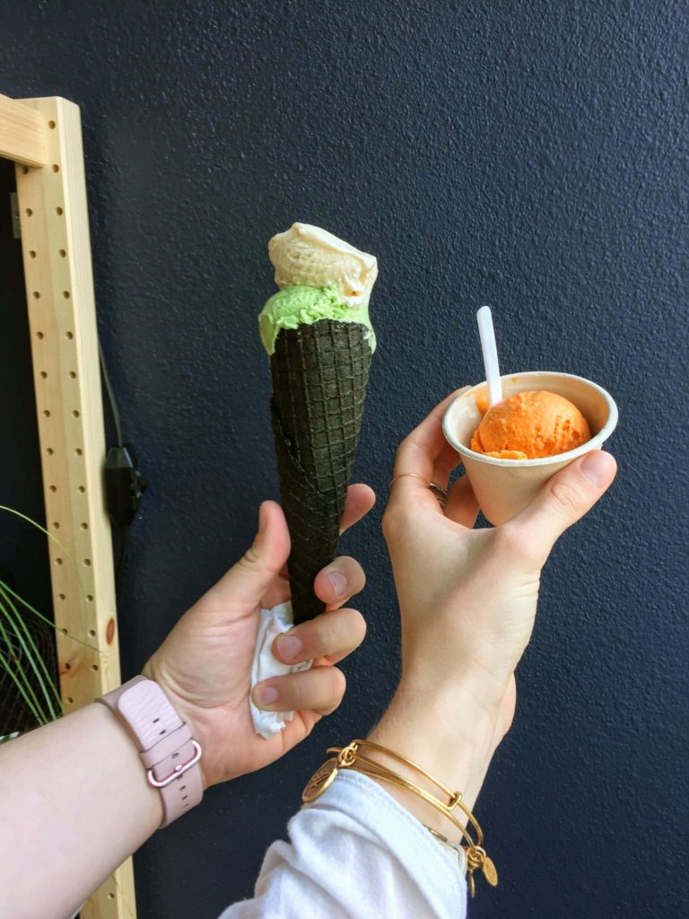 junk food dairy free ice cream in a cup and cone from the greenery creamery